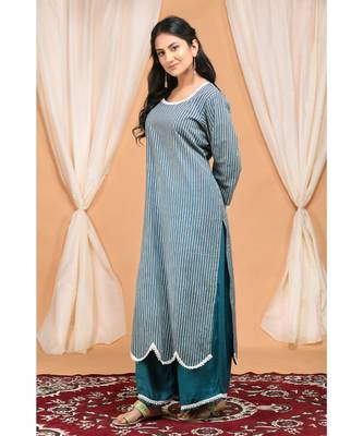 Blue  Gathered Kurta Set with Embroidered Palazzo and Embroidered Dupatta 4