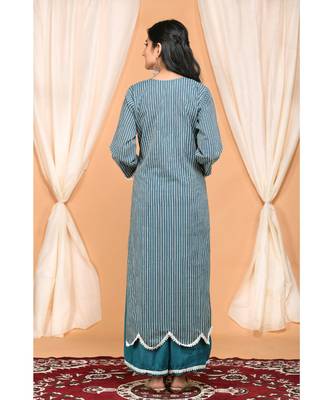 Blue  Gathered Kurta Set with Embroidered Palazzo and Embroidered Dupatta 5