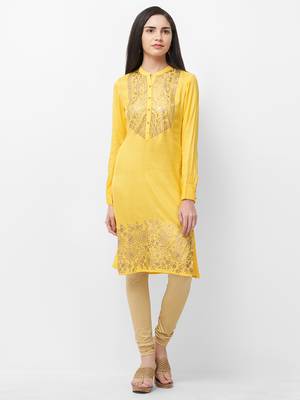 Yellow printed viscose kurtas-and-kurtis 1