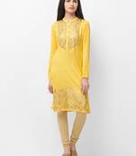 Yellow printed viscose kurtas-and-kurtis