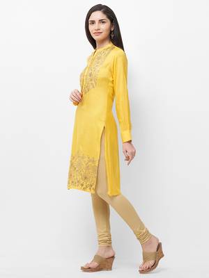 Yellow printed viscose kurtas-and-kurtis 3