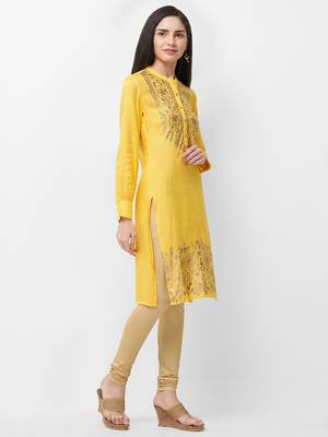 Yellow printed viscose kurtas-and-kurtis 4