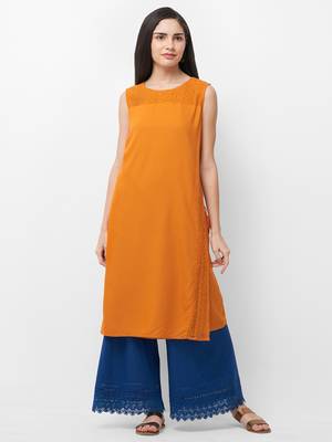 Orange printed viscose kurtas-and-kurtis 1