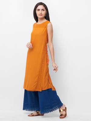Orange printed viscose kurtas-and-kurtis 3