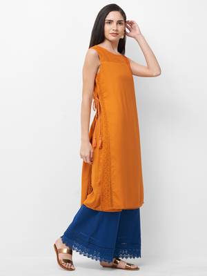 Orange printed viscose kurtas-and-kurtis 4