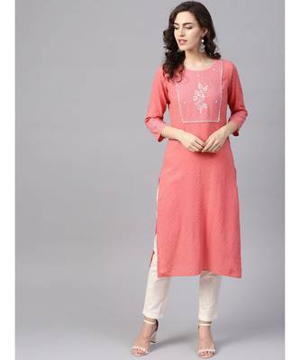 Women Pink & Off White Embroidered Straight Cotton Dobby Kurta With Pant 1