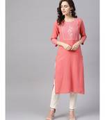 Women Pink & Off White Embroidered Straight Cotton Dobby Kurta With Pant