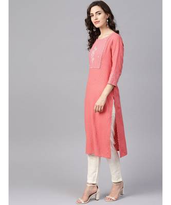Women Pink & Off White Embroidered Straight Cotton Dobby Kurta With Pant 2