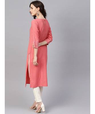 Women Pink & Off White Embroidered Straight Cotton Dobby Kurta With Pant 3