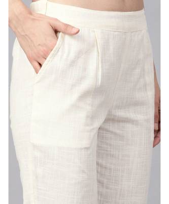 Women Pink & Off White Embroidered Straight Cotton Dobby Kurta With Pant 4