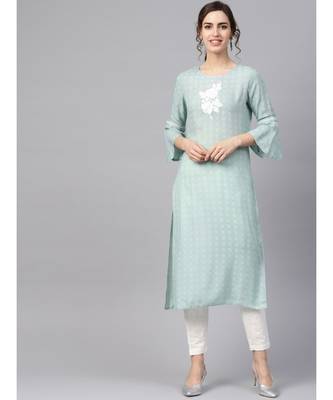 Women Sea Green & Off White Embroidered Straight Rayon Dobby Kurta With Pant 1