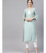 Women Sea Green & Off White Embroidered Straight Rayon Dobby Kurta With Pant