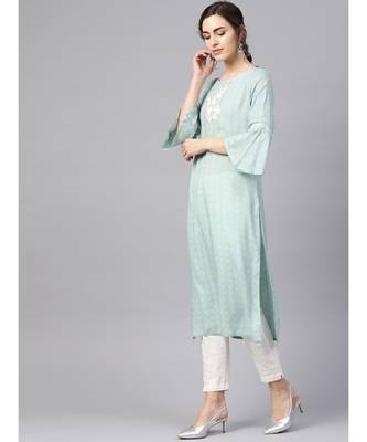 Women Sea Green & Off White Embroidered Straight Rayon Dobby Kurta With Pant 2