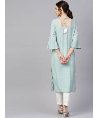 Women Sea Green & Off White Embroidered Straight Rayon Dobby Kurta With Pant 3