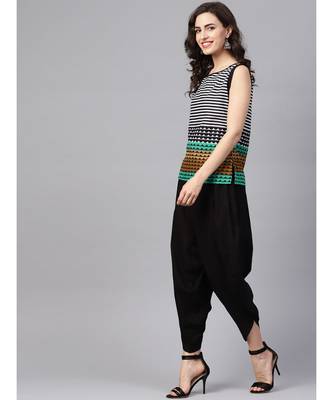 Women Black Ethnic Motifs Straight Cotton Top With Pant 2