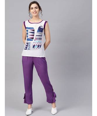 Women Purple Ethnic Motifs Straight Cotton & Rayon Top With Pant 1
