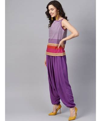 Women Purple Ethnic Motifs Straight Cotton & Rayon Top With Pant 2