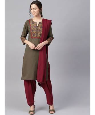 Women Olive & Maroon Ethnic Motifs Straight Cotton Kurta With Patiala Dupatta 1