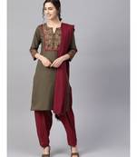 Women Olive & Maroon Ethnic Motifs Straight Cotton Kurta With Patiala Dupatta