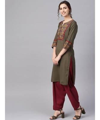 Women Olive & Maroon Ethnic Motifs Straight Cotton Kurta With Patiala Dupatta 2