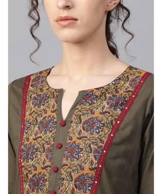 Women Olive & Maroon Ethnic Motifs Straight Cotton Kurta With Patiala Dupatta 5