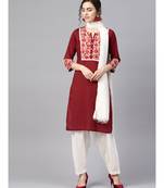 Women Maroon & Off White Ethnic Motifs Straight Cotton Kurta With Patiala Dupatta