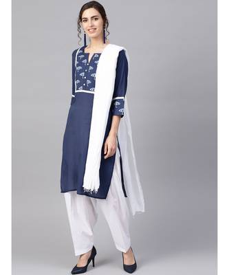 Women Navy Blue & White Ethnic Motifs Straight Cotton Kurta With Patiala Dupatta 1