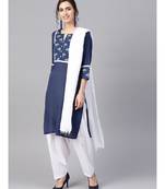 Women Navy Blue & White Ethnic Motifs Straight Cotton Kurta With Patiala Dupatta