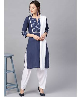 Women Navy Blue & White Ethnic Motifs Straight Cotton Kurta With Patiala Dupatta 2