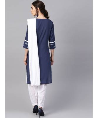 Women Navy Blue & White Ethnic Motifs Straight Cotton Kurta With Patiala Dupatta 3
