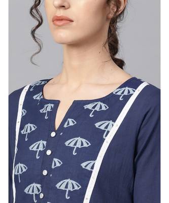 Women Navy Blue & White Ethnic Motifs Straight Cotton Kurta With Patiala Dupatta 5