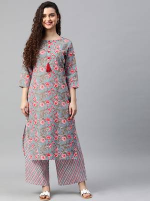 Light-blue floral print cotton kurta with palazzo 1