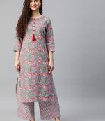 Light-blue floral print cotton kurta with palazzo