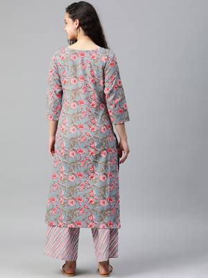 Light-blue floral print cotton kurta with palazzo 3