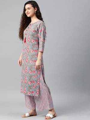 Light-blue floral print cotton kurta with palazzo 4