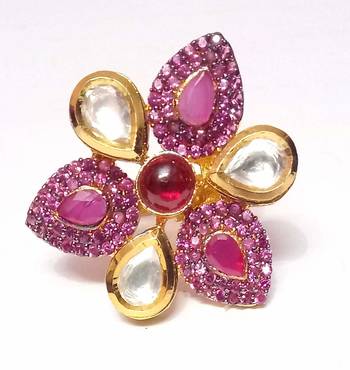 Red Brass Designer Big Kundan Polki Traditional Cocktail Ring For Women 1