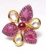 Red Brass Designer Big Kundan Polki Traditional Cocktail Ring For Women