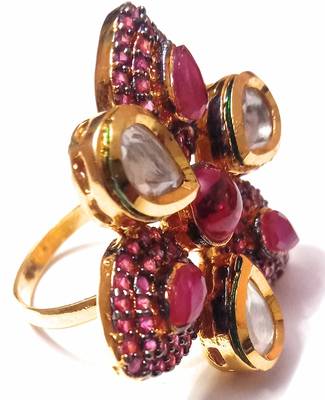 Red Brass Designer Big Kundan Polki Traditional Cocktail Ring For Women 3
