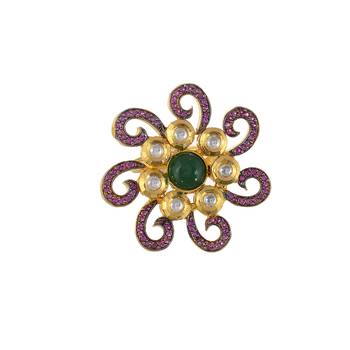 Big Red Brass Kundan Polki Traditional Cocktail Ring For Women 2