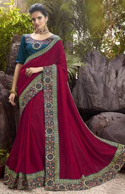 Magenta plain chanderi silk saree with blouse 1