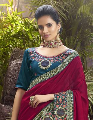 Magenta plain chanderi silk saree with blouse 2
