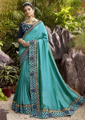 Cyan plain chanderi silk saree with blouse 1