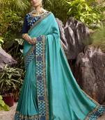 Cyan plain chanderi silk saree with blouse