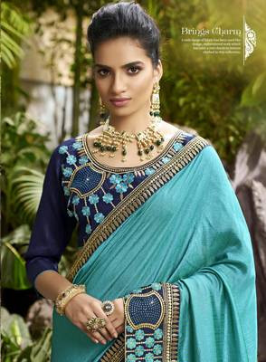Cyan plain chanderi silk saree with blouse 2