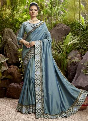 Grey plain chanderi silk saree with blouse 1