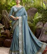 Grey plain chanderi silk saree with blouse