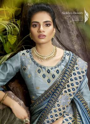 Grey plain chanderi silk saree with blouse 2
