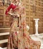Beige printed chiffon saree with blouse