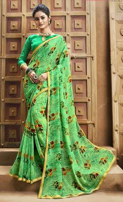 Green printed chiffon saree with blouse 1