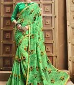 Green printed chiffon saree with blouse